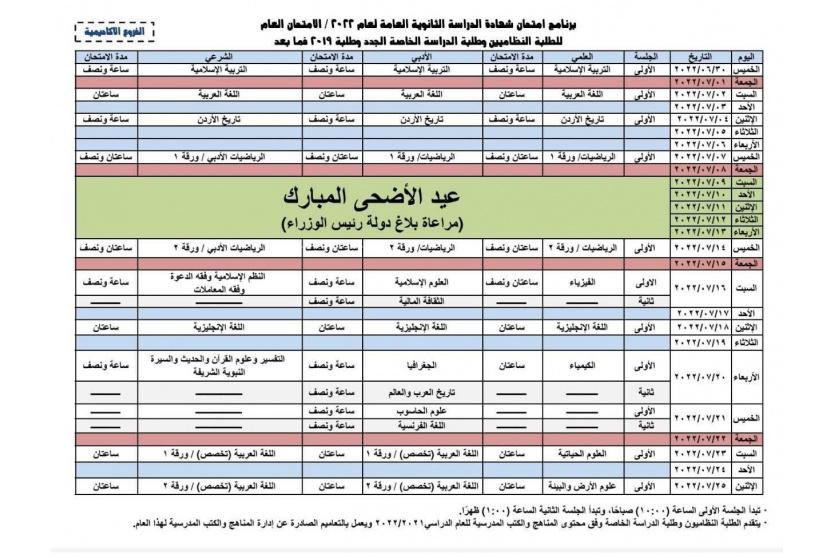 جدول امتحانات الثانوية العامة التوجيهي 2022 في الأردن
